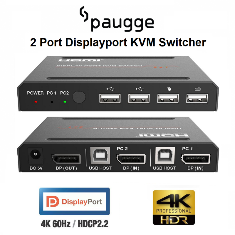 Paugge 2 Port Displayport KVM Switcher - DP1.4, 4K 60Hz, HDR, HDR10, HDR10+, Dolby Vision