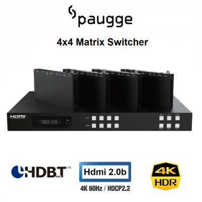 Paugge HDBaseT™ 4×4 HDMI Matrix Switcher - Hdmi 2.0b 4K60Hz HDR EDID WEB GUI