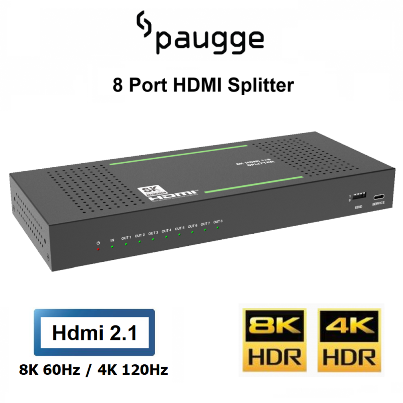 Paugge 8 Port HDMI Splitter - (Hdmi 2.1 - 8K60Hz - 4K60Hz - HDR - Optic Ses Çıkış)