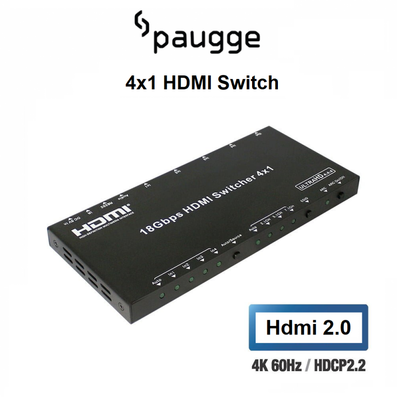 Paugge 4x1 HDMI Switcher - 18Gbps Hdmi 2.0 4K60Hz Audio De-embedded