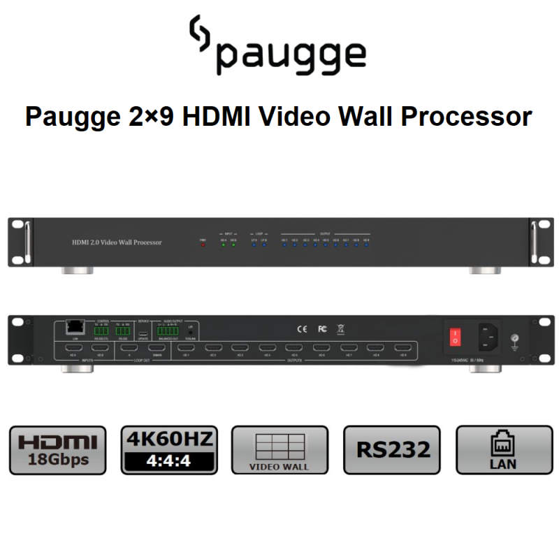 Paugge 2×9 HDMI Video Wall Processor - Hdmi 2.0 4K60Hz EDID WEB GUI