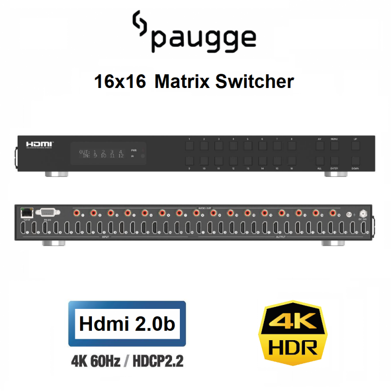 Paugge 16x16 HDMI Matrix Switcher - Hdmi 2.0b 4K60Hz HDR EDID WEB GUI