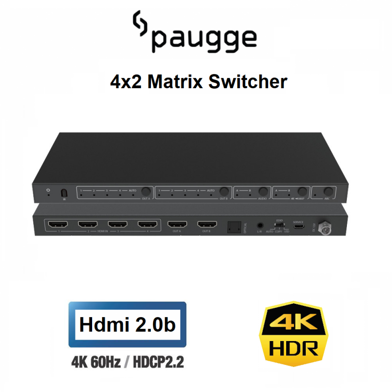 Paugge 4x2 HDMI Matrix Switcher - Hdmi 2.0b 4K60Hz HDR EDID ARC