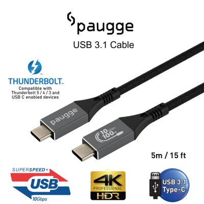 Paugge USB 3.1 Kablo - 10Gbps , USB C Görüntü, Ses, Data ve Şarj Kablosu - 5 Metre